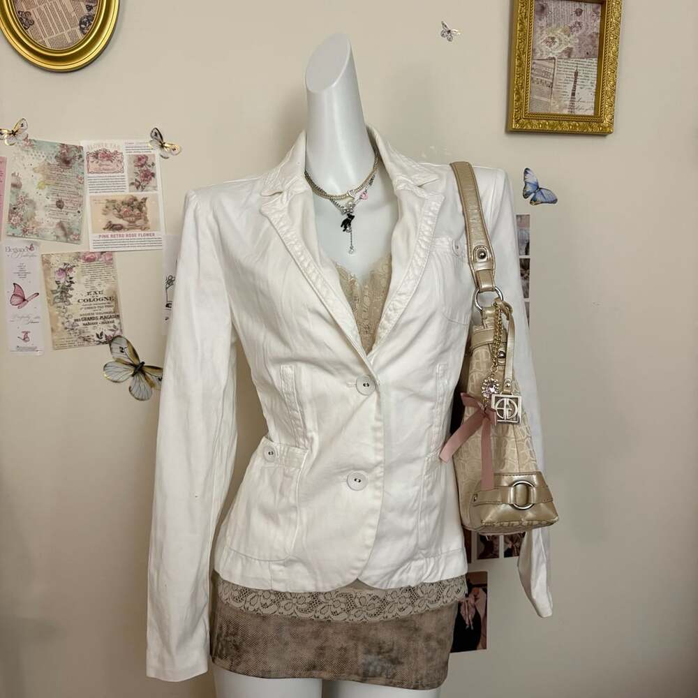George ME Mark Eisen White Cotton Blazer Jacket Sz 10 Y2K